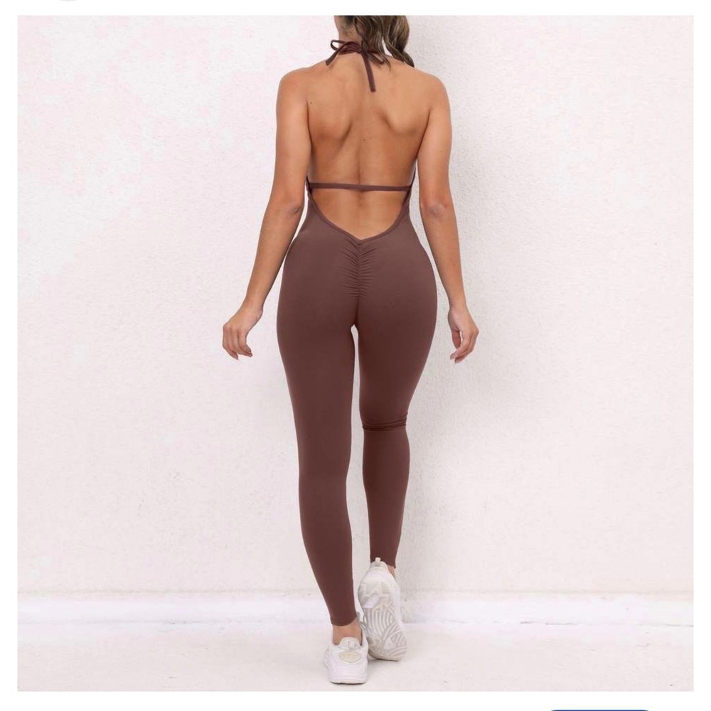 Peachy Bunz Halter Neck Open Back Scrunch Butt Jumpsuit Brown Medium